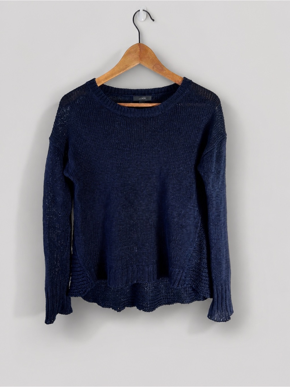 J Crew 100% Linen Navy Blue Relaxed Fit Knit Sweater Top Size XS